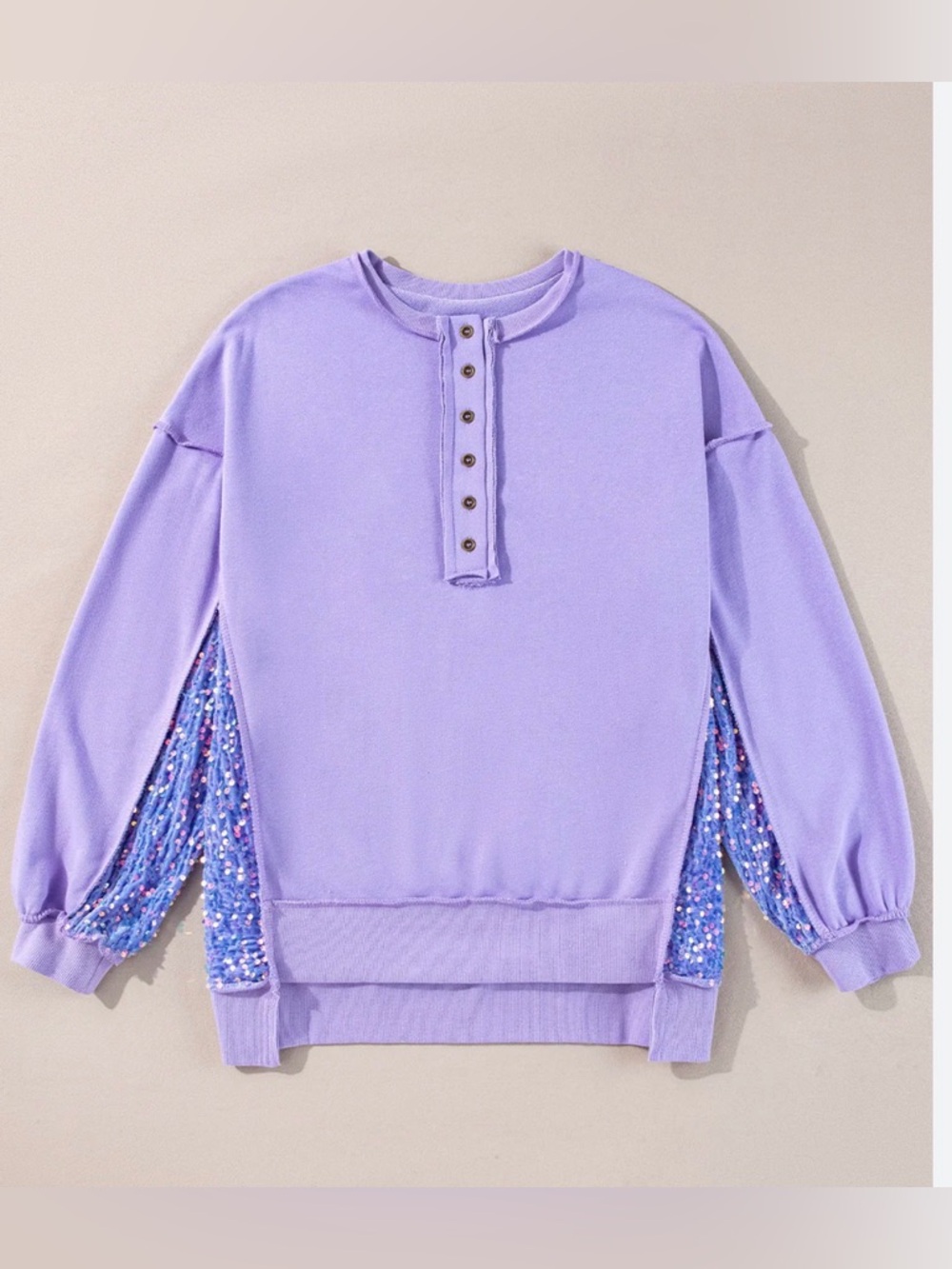 Sequin Patchwork High Low
Hem Henley Sweatshirt